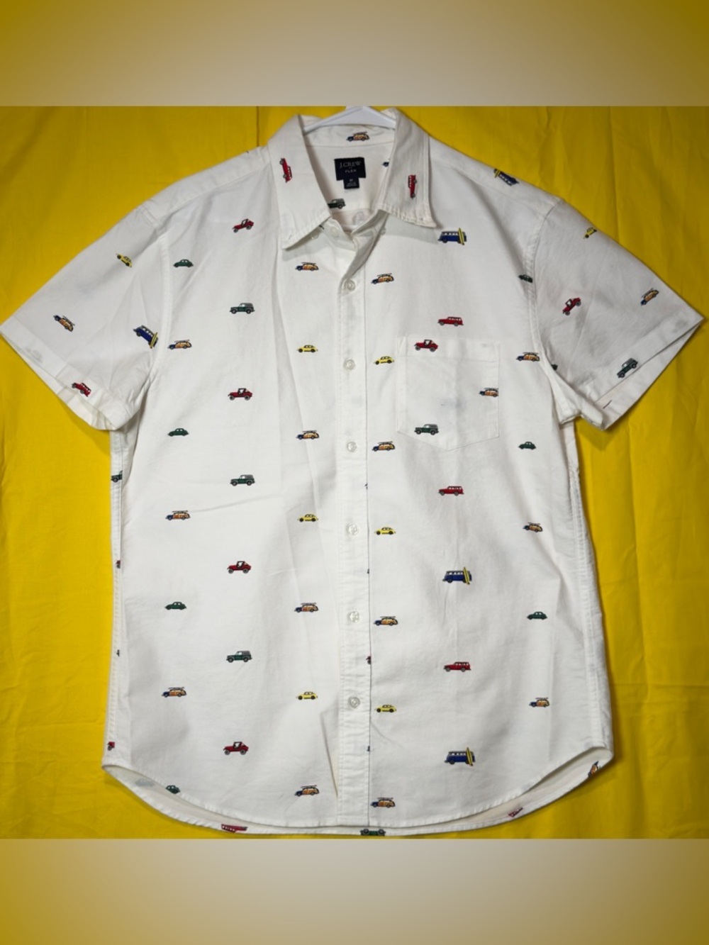 J crew  White Short-Sleeve Button-Down Shirt with Multicolor Car Embroidery